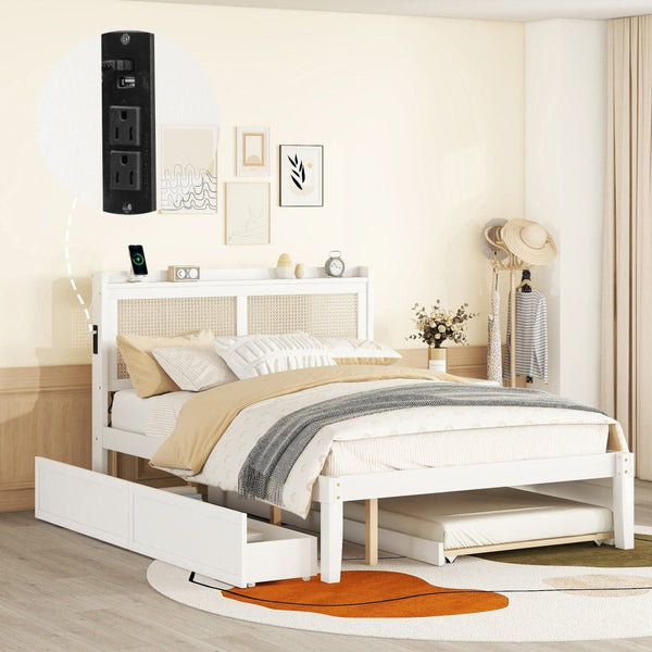 HomeRoots White Wood Queen Bed Frame with Trundle, USB Charging & Platform Design for Modern Bedrooms 590573
