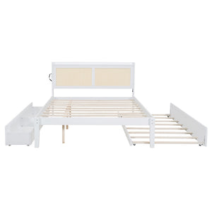 HomeRoots White Wood Queen Bed Frame with Trundle, USB Charging & Platform Design for Modern Bedrooms 590573