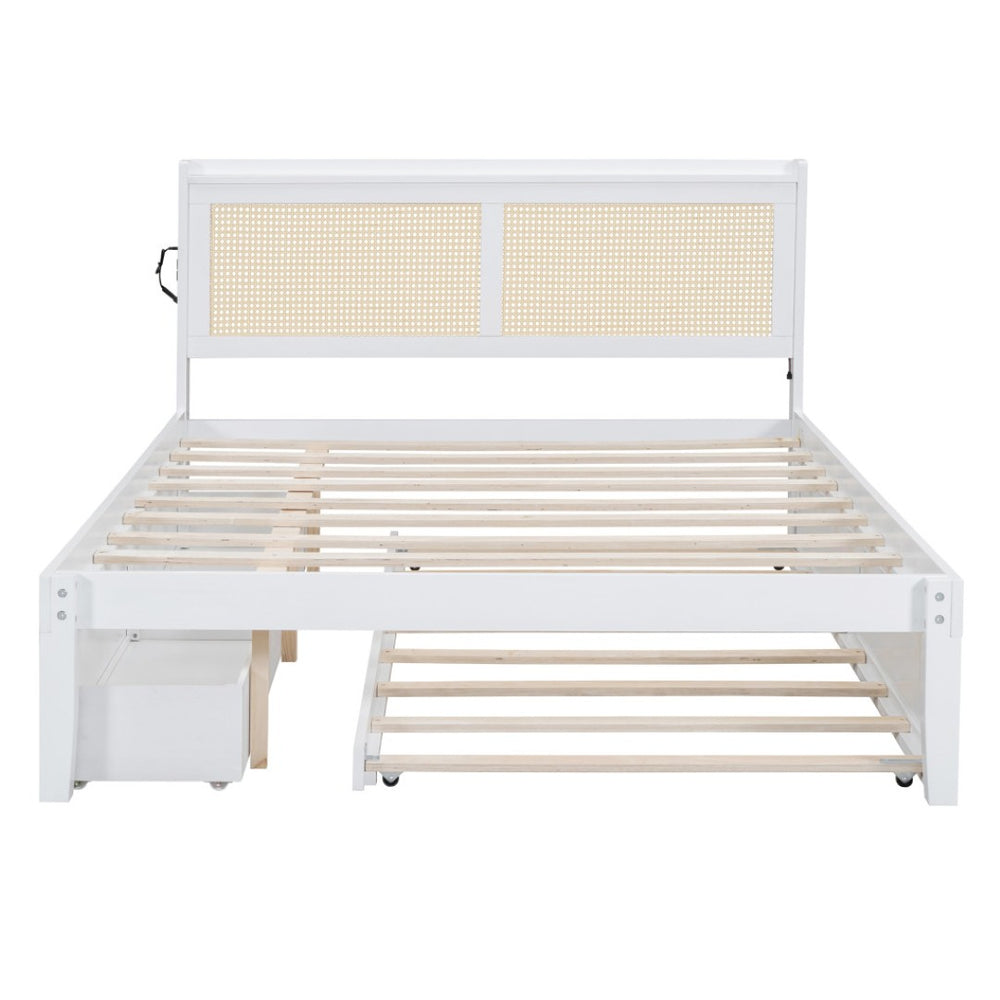 HomeRoots White Wood Queen Bed Frame with Trundle, USB Charging & Platform Design for Modern Bedrooms 590573