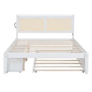 HomeRoots White Wood Queen Bed Frame with Trundle, USB Charging & Platform Design for Modern Bedrooms 590573