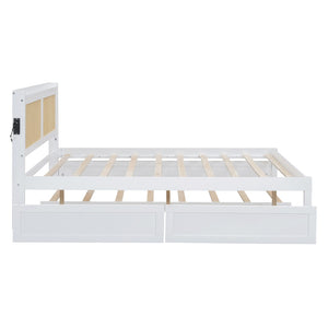 HomeRoots White Wood Queen Bed Frame with Trundle, USB Charging & Platform Design for Modern Bedrooms 590573