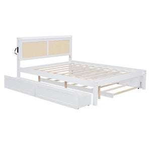 HomeRoots White Wood Queen Bed Frame with Trundle, USB Charging & Platform Design for Modern Bedrooms 590573