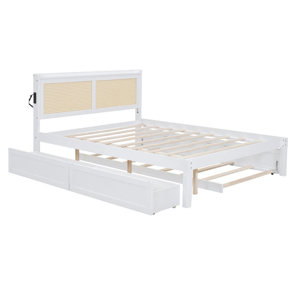 HomeRoots White Wood Queen Bed Frame with Trundle, USB Charging & Platform Design for Modern Bedrooms 590573