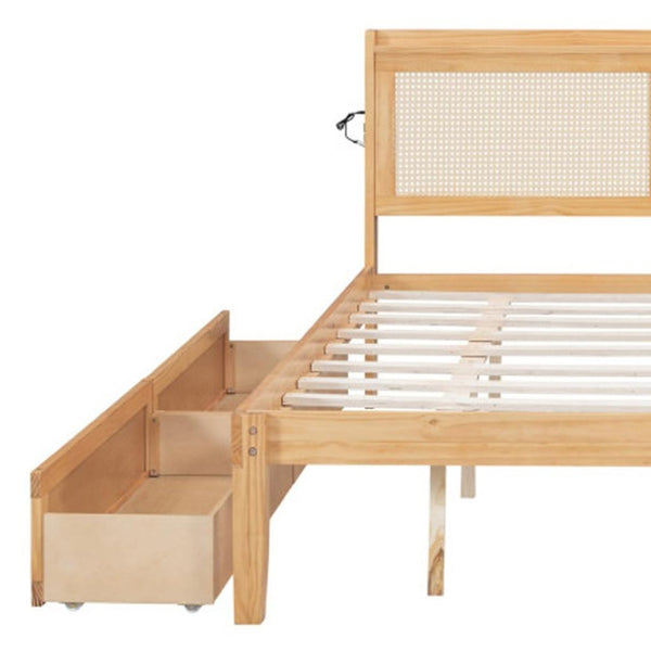 HomeRoots Natural Wood Queen Bed Frame with Trundle, USB Charging & Drawers for Ultimate Bedroom Storage 590574