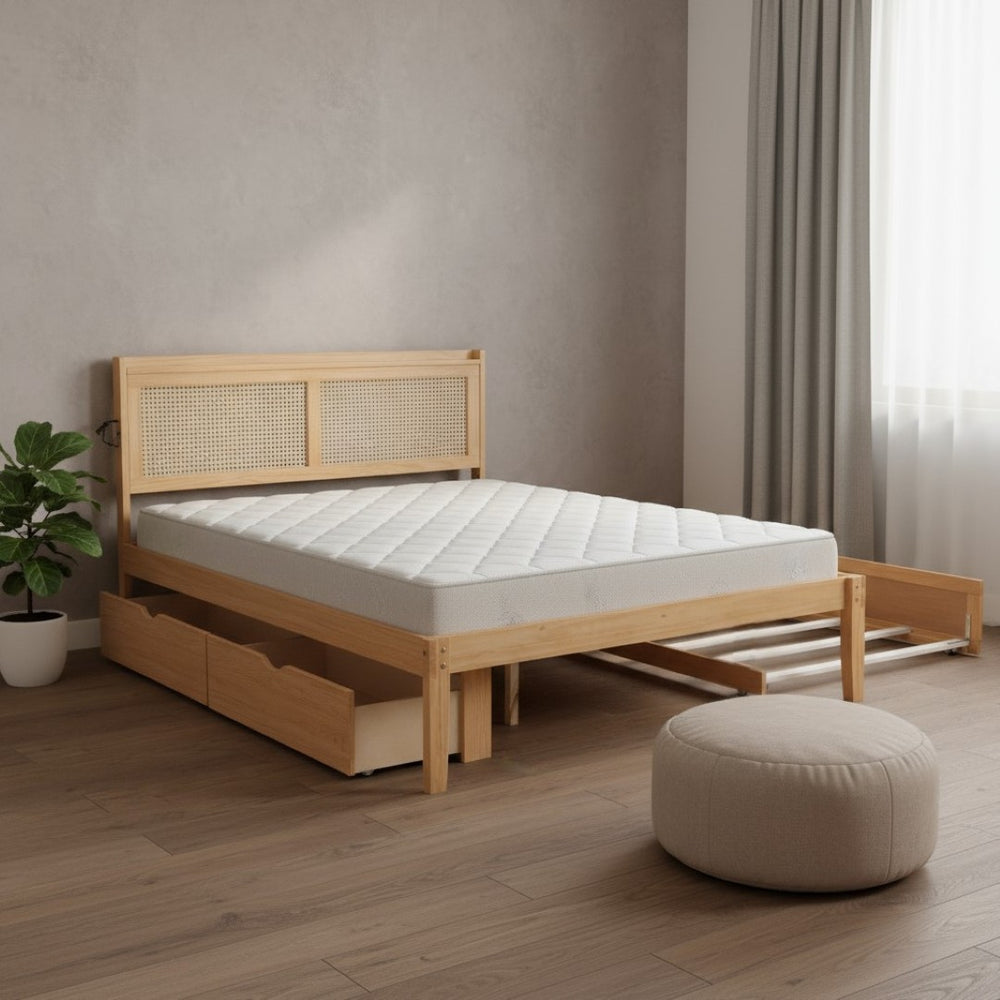 HomeRoots Natural Wood Queen Bed Frame with Trundle, USB Charging & Drawers for Ultimate Bedroom Storage 590574
