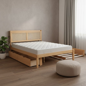 HomeRoots Natural Wood Queen Bed Frame with Trundle, USB Charging & Drawers for Ultimate Bedroom Storage 590574
