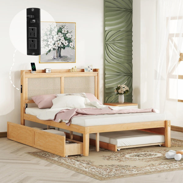 HomeRoots Natural Wood Queen Bed Frame with Trundle, USB Charging & Drawers for Ultimate Bedroom Storage 590574