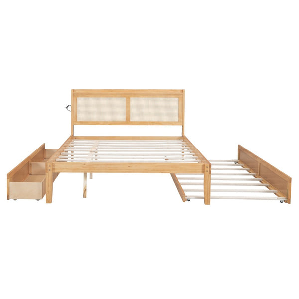 HomeRoots Natural Wood Queen Bed Frame with Trundle, USB Charging & Drawers for Ultimate Bedroom Storage 590574