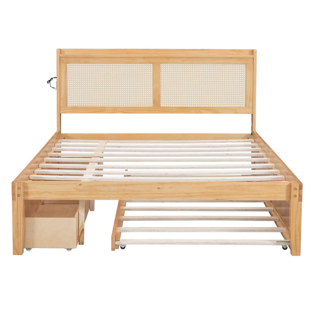 HomeRoots Natural Wood Queen Bed Frame with Trundle, USB Charging & Drawers for Ultimate Bedroom Storage 590574