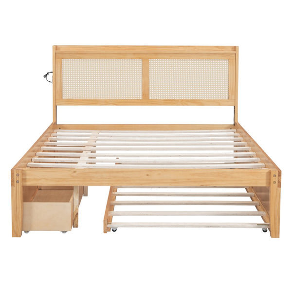 HomeRoots Natural Wood Queen Bed Frame with Trundle, USB Charging & Drawers for Ultimate Bedroom Storage 590574