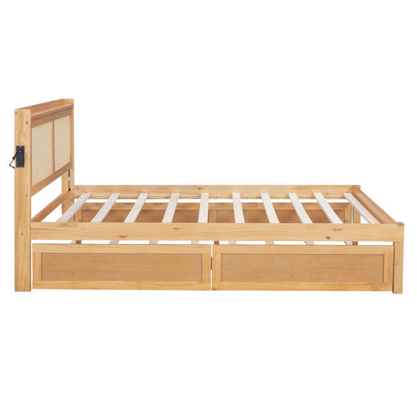 HomeRoots Natural Wood Queen Bed Frame with Trundle, USB Charging & Drawers for Ultimate Bedroom Storage 590574