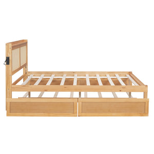 HomeRoots Natural Wood Queen Bed Frame with Trundle, USB Charging & Drawers for Ultimate Bedroom Storage 590574
