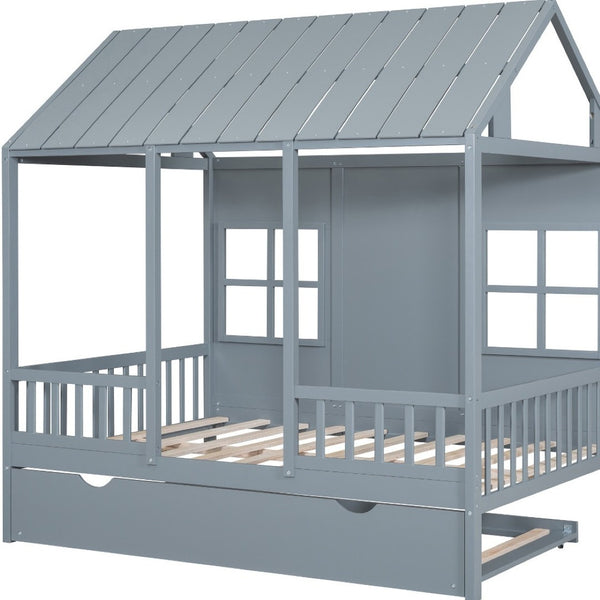 HomeRoots Gray Wood Full House Bed with Trundle - Modern Design, Space-Saving Solution, Durable Frame & Support 590578