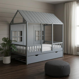 HomeRoots Gray Wood Full House Bed with Trundle - Modern Design, Space-Saving Solution, Durable Frame & Support 590578