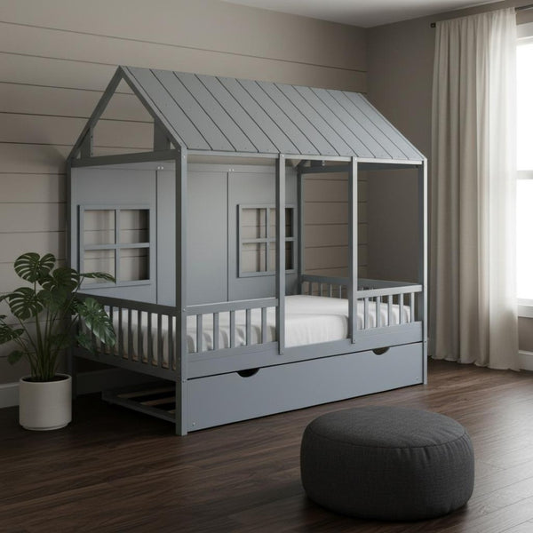 HomeRoots Gray Wood Full House Bed with Trundle - Modern Design, Space-Saving Solution, Durable Frame & Support 590578