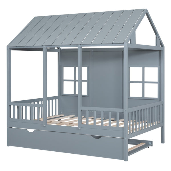 HomeRoots Gray Wood Full House Bed with Trundle - Modern Design, Space-Saving Solution, Durable Frame & Support 590578