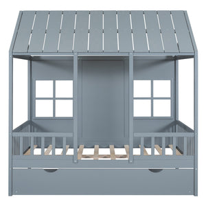 HomeRoots Gray Wood Full House Bed with Trundle - Modern Design, Space-Saving Solution, Durable Frame & Support 590578