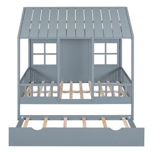 HomeRoots Gray Wood Full House Bed with Trundle - Modern Design, Space-Saving Solution, Durable Frame & Support 590578
