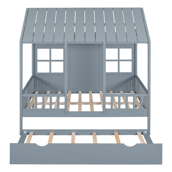 HomeRoots Gray Wood Full House Bed with Trundle - Modern Design, Space-Saving Solution, Durable Frame & Support 590578
