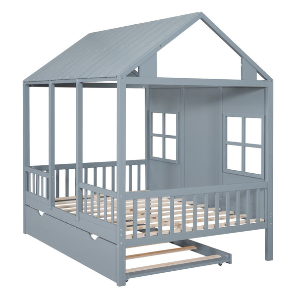 HomeRoots Gray Wood Full House Bed with Trundle - Modern Design, Space-Saving Solution, Durable Frame & Support 590578