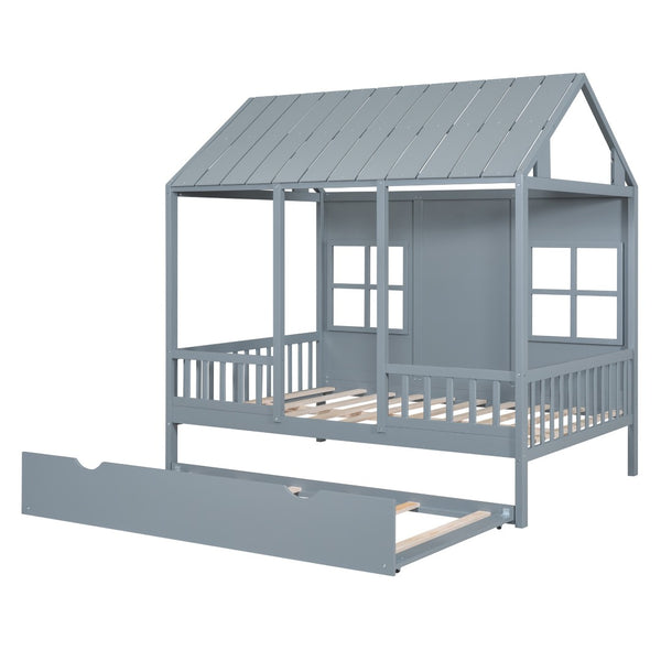HomeRoots Gray Wood Full House Bed with Trundle - Modern Design, Space-Saving Solution, Durable Frame & Support 590578