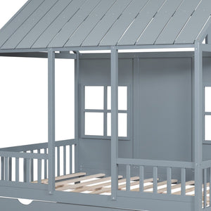 HomeRoots Gray Wood Full House Bed with Trundle - Modern Design, Space-Saving Solution, Durable Frame & Support 590578