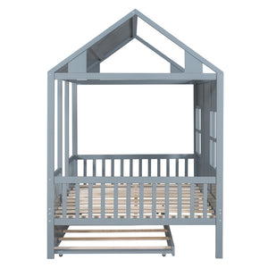HomeRoots Gray Wood Full House Bed with Trundle - Modern Design, Space-Saving Solution, Durable Frame & Support 590578