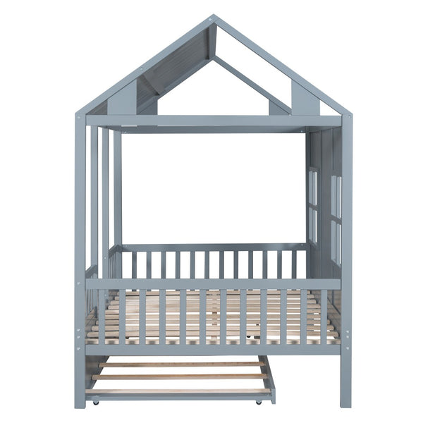 HomeRoots Gray Wood Full House Bed with Trundle - Modern Design, Space-Saving Solution, Durable Frame & Support 590578