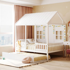 HomeRoots White Wood Full House Bed with Trundle – Stylish, Durable & Functional Sleep Solution for Any Room 590579