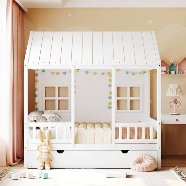HomeRoots White Wood Full House Bed with Trundle – Stylish, Durable & Functional Sleep Solution for Any Room 590579