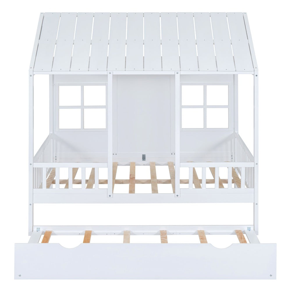 HomeRoots White Wood Full House Bed with Trundle – Stylish, Durable & Functional Sleep Solution for Any Room 590579
