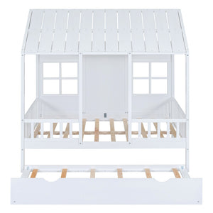 HomeRoots White Wood Full House Bed with Trundle – Stylish, Durable & Functional Sleep Solution for Any Room 590579