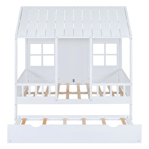 HomeRoots White Wood Full House Bed with Trundle – Stylish, Durable & Functional Sleep Solution for Any Room 590579