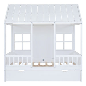 HomeRoots White Wood Full House Bed with Trundle – Stylish, Durable & Functional Sleep Solution for Any Room 590579