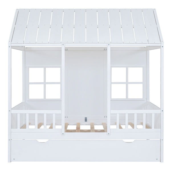 HomeRoots White Wood Full House Bed with Trundle – Stylish, Durable & Functional Sleep Solution for Any Room 590579