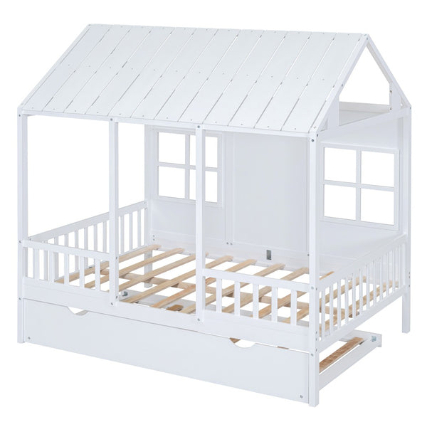 HomeRoots White Wood Full House Bed with Trundle – Stylish, Durable & Functional Sleep Solution for Any Room 590579