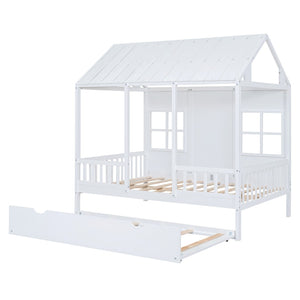 HomeRoots White Wood Full House Bed with Trundle – Stylish, Durable & Functional Sleep Solution for Any Room 590579