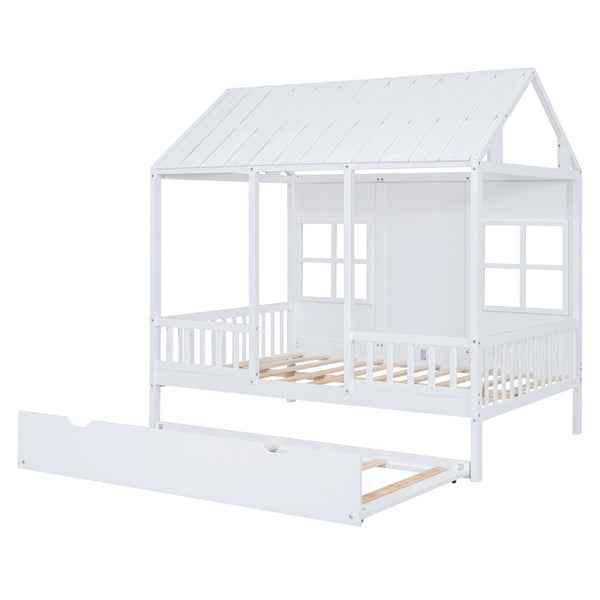 HomeRoots White Wood Full House Bed with Trundle – Stylish, Durable & Functional Sleep Solution for Any Room 590579