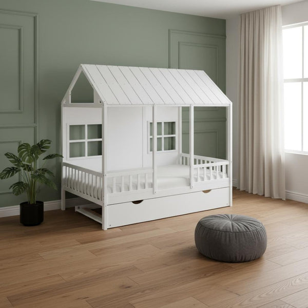 HomeRoots White Wood Full House Bed with Trundle – Stylish, Durable & Functional Sleep Solution for Any Room 590579