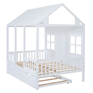 HomeRoots White Wood Full House Bed with Trundle – Stylish, Durable & Functional Sleep Solution for Any Room 590579