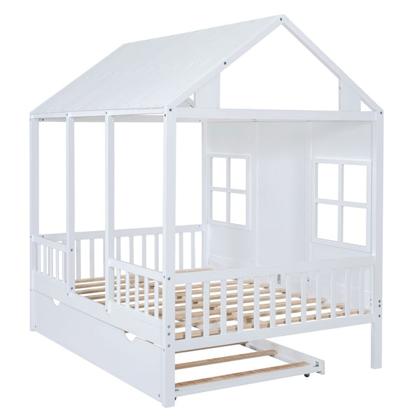 HomeRoots White Wood Full House Bed with Trundle – Stylish, Durable & Functional Sleep Solution for Any Room 590579