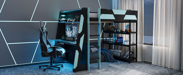 English Elm Full Size Gaming Loft Bed with Led Lighting Desk Shelves and Usb Charging Ports Black+Blue N820S00076C