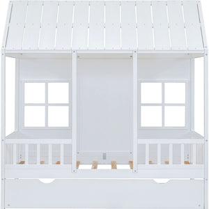 HomeRoots White Wood Twin House Bed with Trundle - Stylish, Durable Frame for Kids' Rooms & Sleepovers 590581