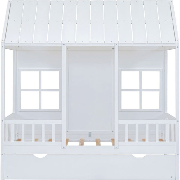 HomeRoots White Wood Twin House Bed with Trundle - Stylish, Durable Frame for Kids' Rooms & Sleepovers 590581