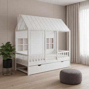 HomeRoots White Wood Twin House Bed with Trundle - Stylish, Durable Frame for Kids' Rooms & Sleepovers 590581
