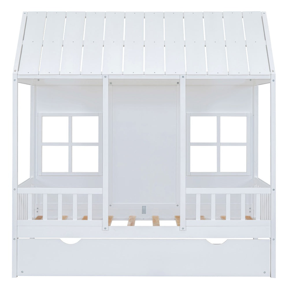 HomeRoots White Wood Twin House Bed with Trundle - Stylish, Durable Frame for Kids' Rooms & Sleepovers 590581