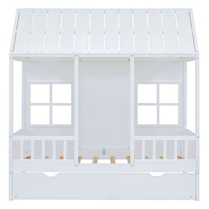 HomeRoots White Wood Twin House Bed with Trundle - Stylish, Durable Frame for Kids' Rooms & Sleepovers 590581