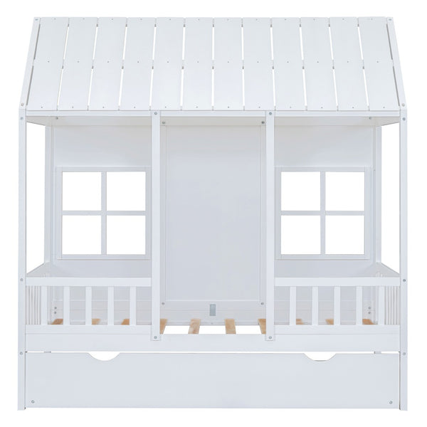 HomeRoots White Wood Twin House Bed with Trundle - Stylish, Durable Frame for Kids' Rooms & Sleepovers 590581