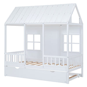 HomeRoots White Wood Twin House Bed with Trundle - Stylish, Durable Frame for Kids' Rooms & Sleepovers 590581