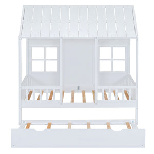 HomeRoots White Wood Twin House Bed with Trundle - Stylish, Durable Frame for Kids' Rooms & Sleepovers 590581